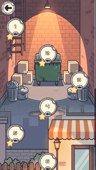 Levels one to six laid out along a brick alley with bins and a dumpster.