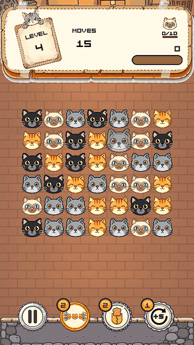 A level four board of cat faces with fifteen moves remaining.