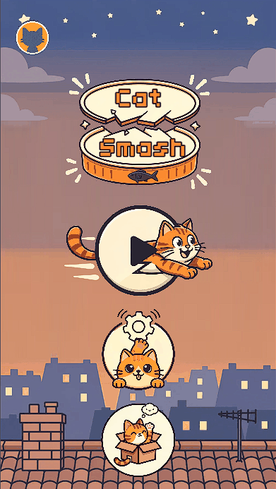 The Cat Smash title screen: a cracked tin of cat food above a rooftop at dusk.