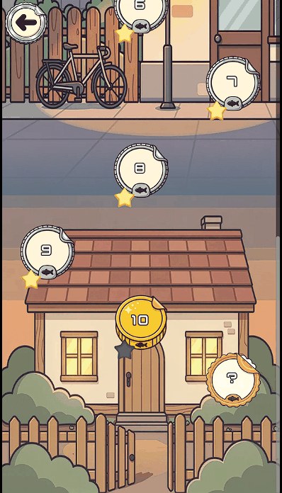 Levels six to ten climbing past a shopfront to a cottage with lit windows.