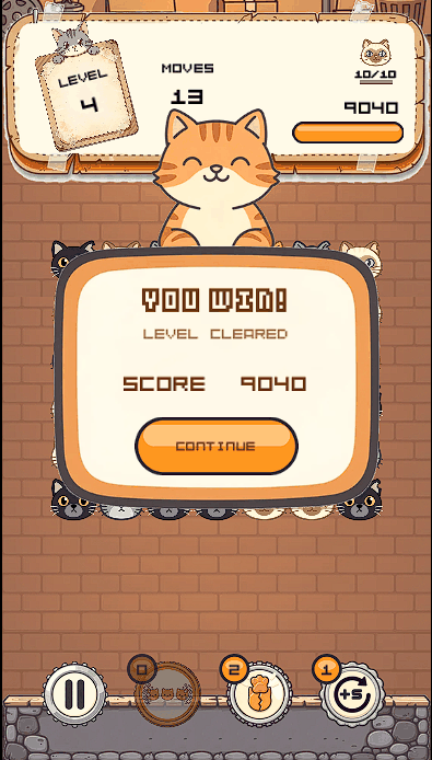 The level complete screen showing a score of 9040 and a contented cat.